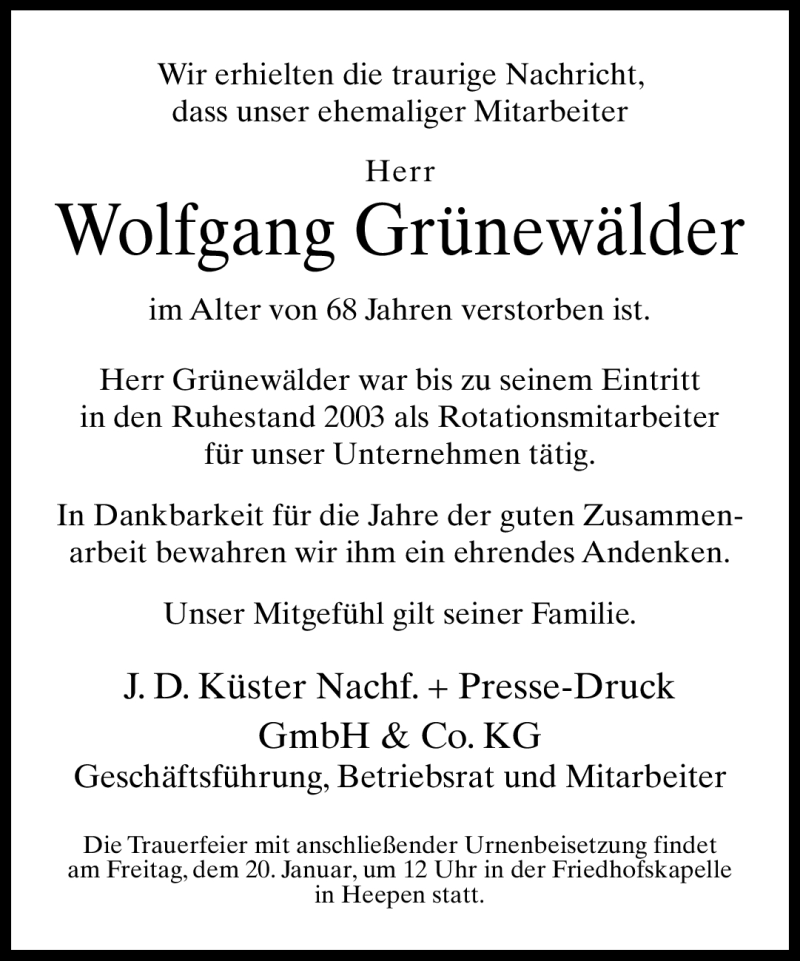  Traueranzeige für Wolfgang Grünewälder vom 17.01.2012 aus Neue Westfälische