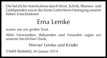 Traueranzeige von Erna Lemke von Neue Westfälische