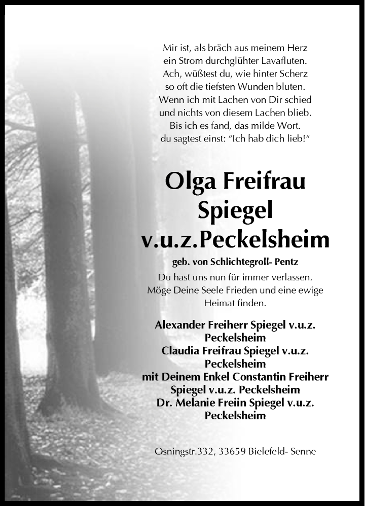  Traueranzeige für Olga Freifrau Spiegel v.u.z.Peckelsheim vom 18.01.2014 aus Neue Westfälische