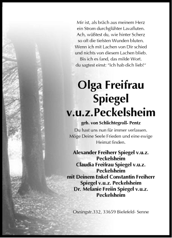 Traueranzeige von Olga Freifrau Spiegel v.u.z.Peckelsheim von Neue Westfälische