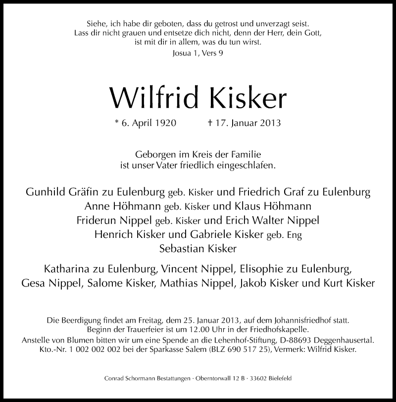  Traueranzeige für Wilfrid Kisker vom 22.01.2013 aus Neue Westfälische