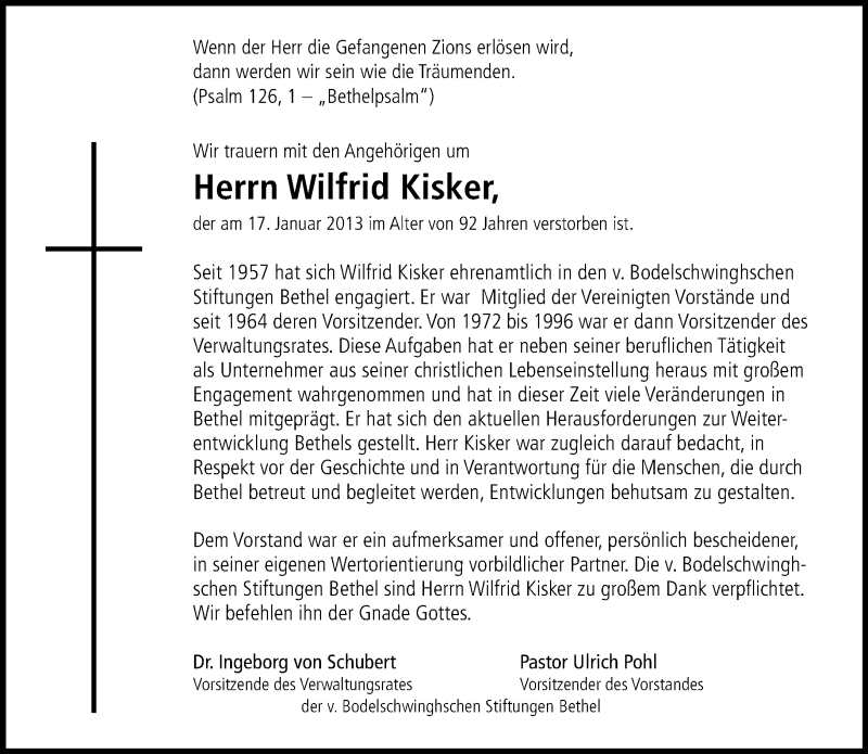  Traueranzeige für Wilfrid Kisker vom 23.01.2013 aus Neue Westfälische