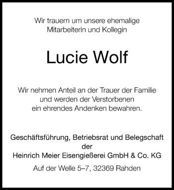 Traueranzeige von Lucie Wolf von Neue Westfälische