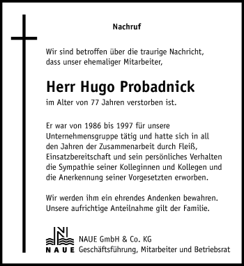 Traueranzeige von Hugo Probadnick von Neue Westfälische
