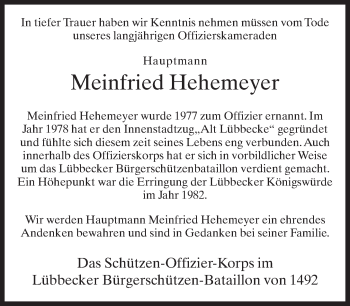 Traueranzeige von Meinfried Hehemeyer von Neue Westfälische