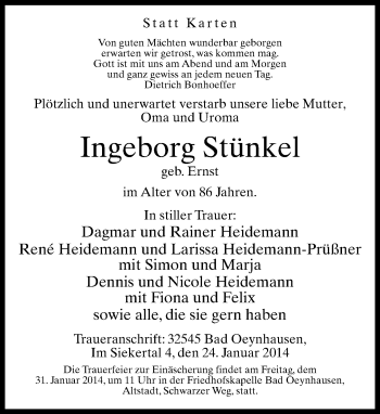 Traueranzeige von Ingeborg Stünkel von Neue Westfälische