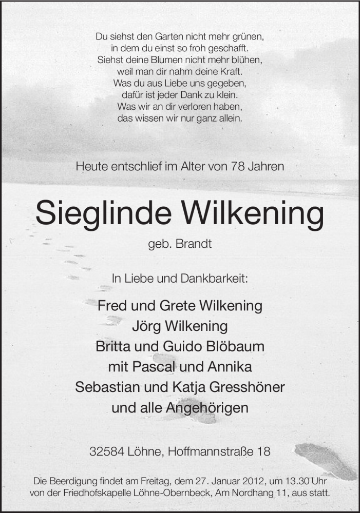  Traueranzeige für Sieglinde Wilkening vom 24.01.2012 aus Neue Westfälische
