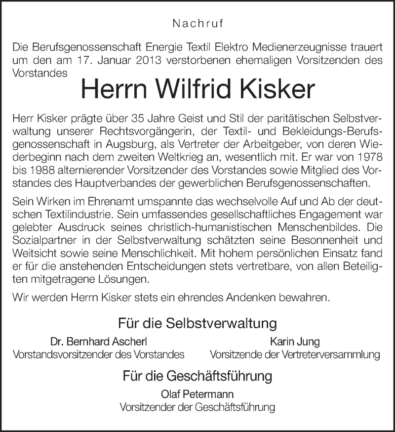  Traueranzeige für Wilfrid Kisker vom 26.01.2013 aus Neue Westfälische