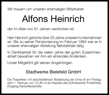 Traueranzeige von Alfons Heinrich von Neue Westfälische