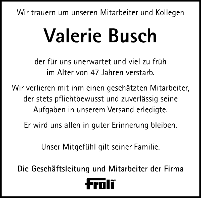  Traueranzeige für Valerie Busch vom 30.01.2014 aus Neue Westfälische