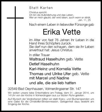 Traueranzeige von Erika Vette von Neue Westfälische