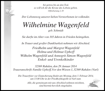 Traueranzeige von Wilhelmine Wagenfeld von Neue Westfälische