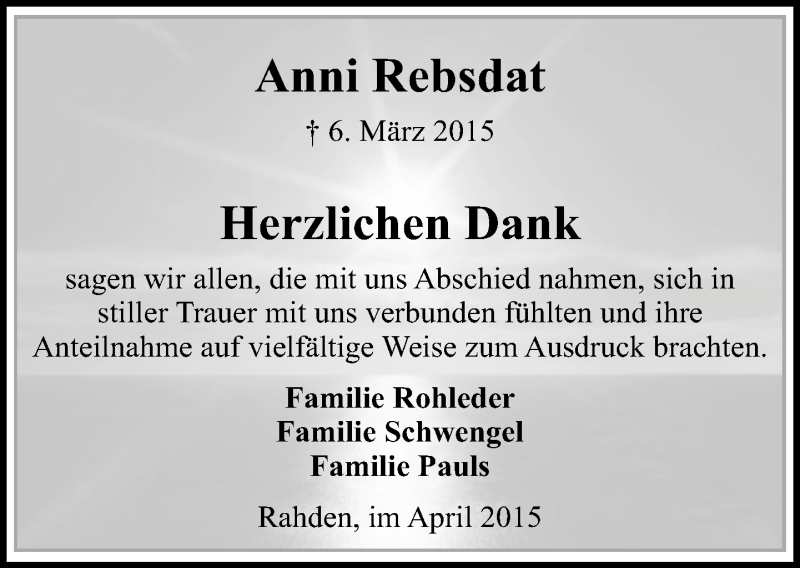  Traueranzeige für Anni Rebsdat vom 03.04.2015 aus Neue Westfälische