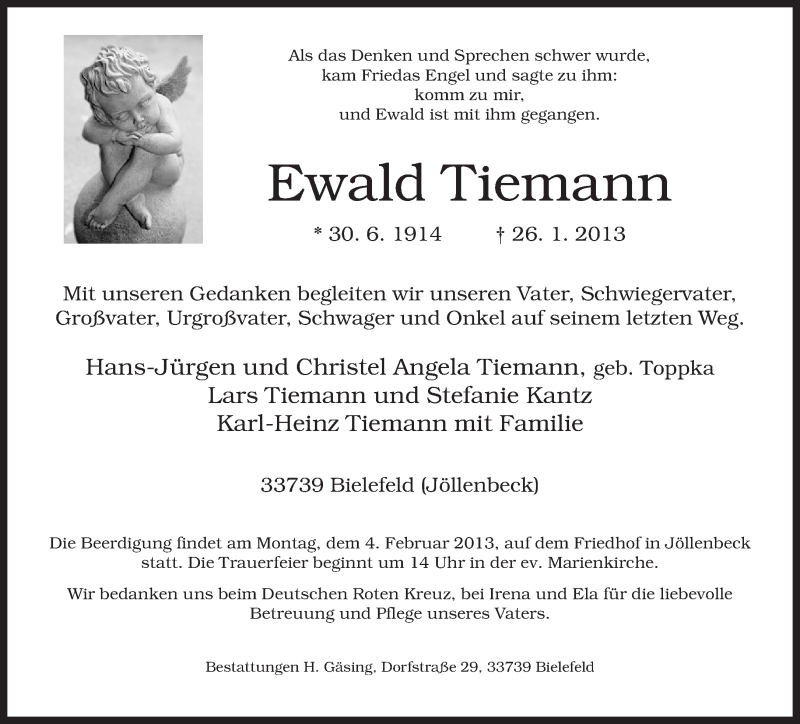  Traueranzeige für Ewald Tiemann vom 30.01.2013 aus Neue Westfälische