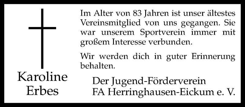  Traueranzeige für Karoline Erbes vom 01.02.2014 aus Neue Westfälische