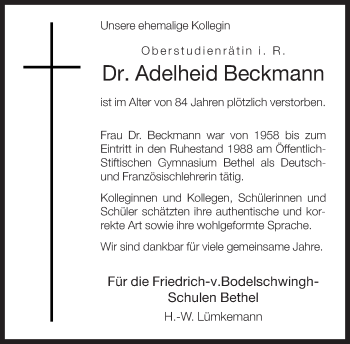 Traueranzeige von Adelheid Beckmann von Neue Westfälische