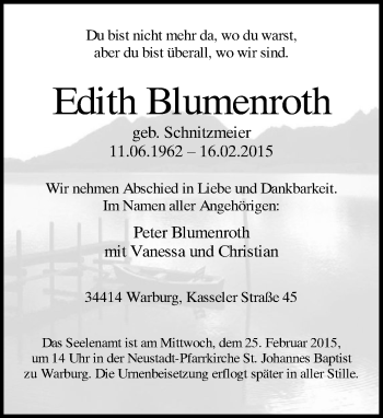Traueranzeige von Edith Blumenroth von Neue Westfälische