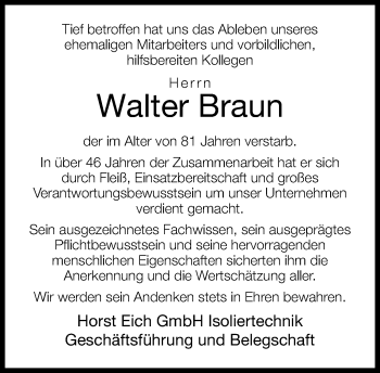 Traueranzeige von Walter Braun von Neue Westfälische