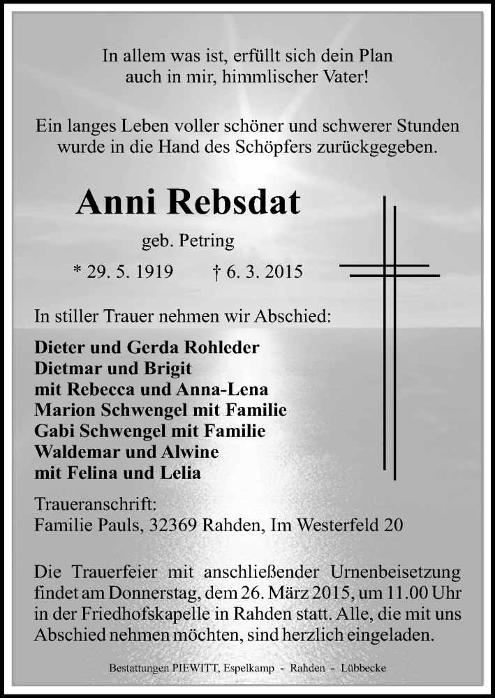 Traueranzeige für Anni Rebsdat vom 12.03.2015 aus Neue Westfälische
