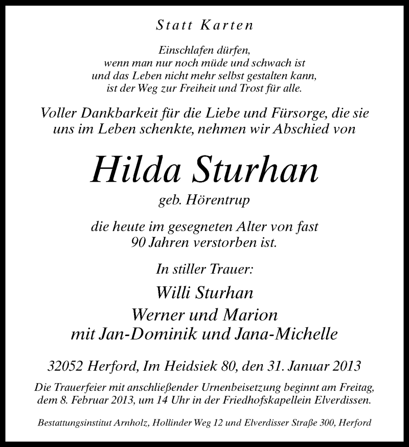  Traueranzeige für Hilda Sturhan vom 02.02.2013 aus Neue Westfälische