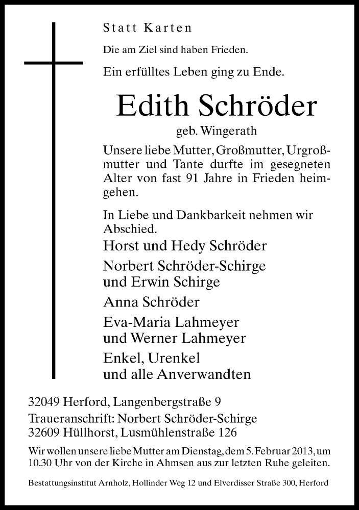  Traueranzeige für Edith Schröder vom 02.02.2013 aus Neue Westfälische