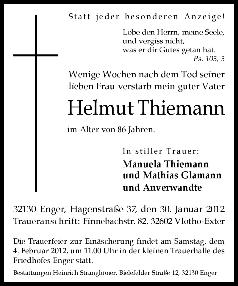  Traueranzeige für Helmut Thiemann vom 01.02.2012 aus Neue Westfälische