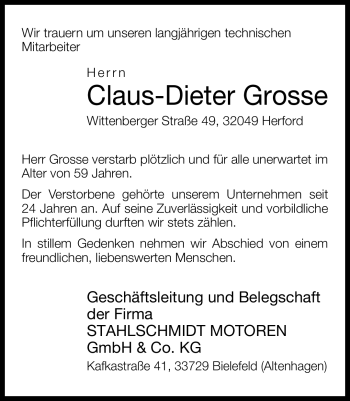 Traueranzeige von Claus-Dieter Grosse von Neue Westfälische