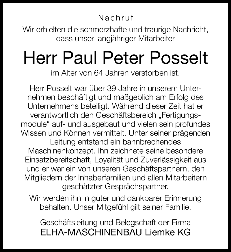  Traueranzeige für Paul Peter Posselt vom 11.02.2014 aus Neue Westfälische