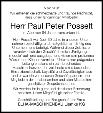 Traueranzeige von Paul Peter Posselt von Neue Westfälische
