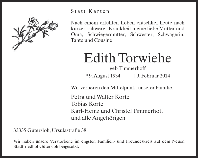  Traueranzeige für Edith Torwiehe vom 15.02.2014 aus Neue Westfälische
