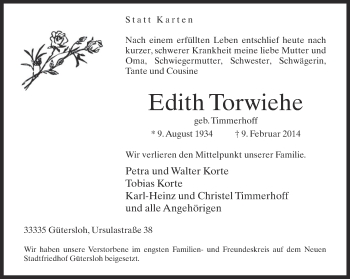 Traueranzeige von Edith Torwiehe von Neue Westfälische