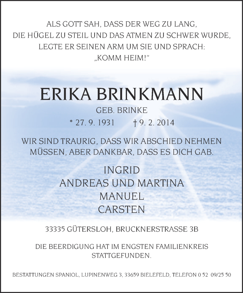  Traueranzeige für Erika Brinkmann vom 15.02.2014 aus Neue Westfälische