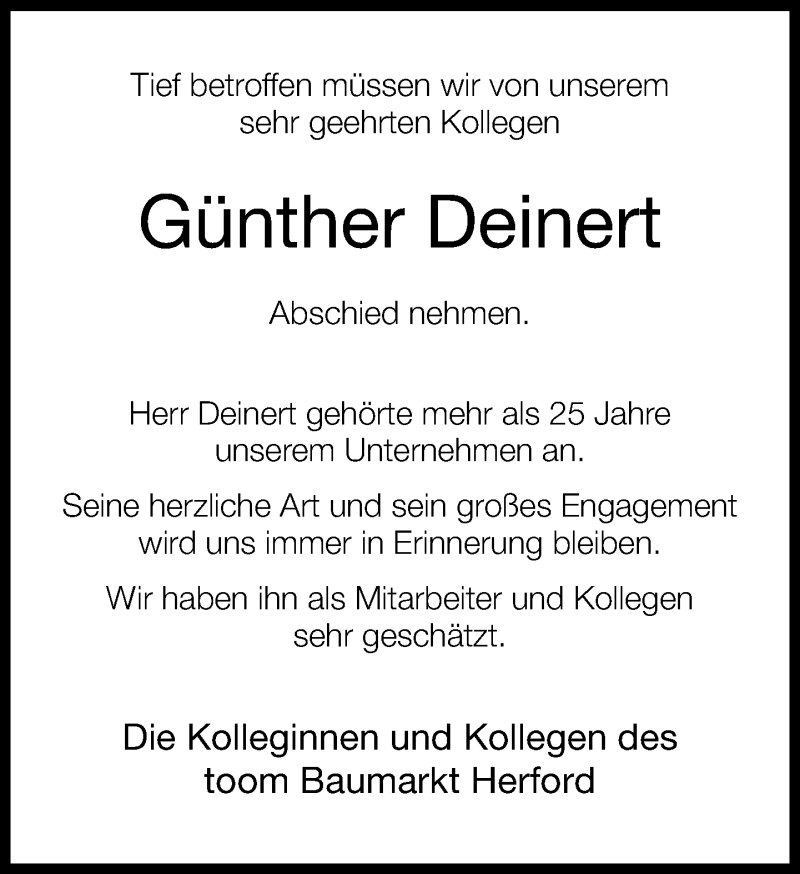  Traueranzeige für Günter Deinert vom 12.02.2013 aus Neue Westfälische