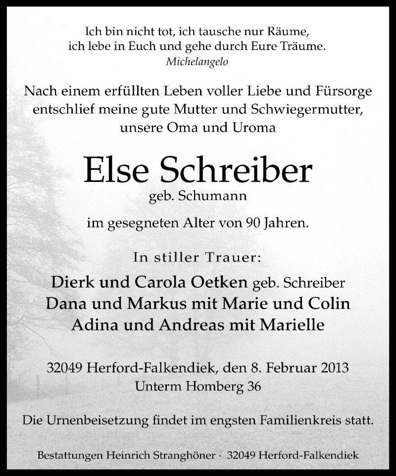  Traueranzeige für Else Schreiber vom 11.02.2013 aus Neue Westfälische
