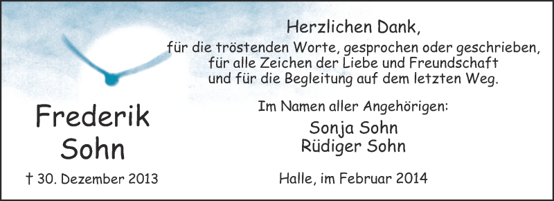 Traueranzeige für Frederik Sohn vom 15.02.2014 aus Neue Westfälische