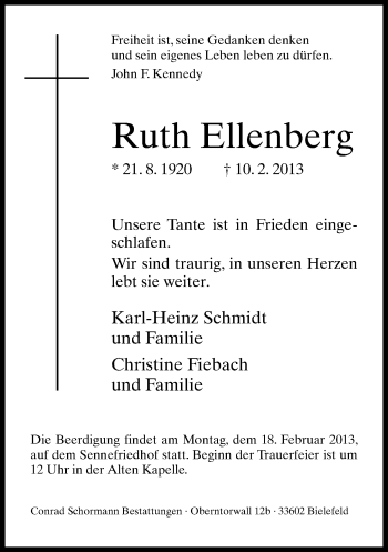Traueranzeige von Ruth Ellenberg von Neue Westfälische
