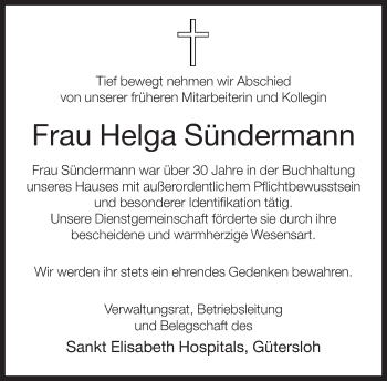 Traueranzeige von Helga Sündermann von Neue Westfälische