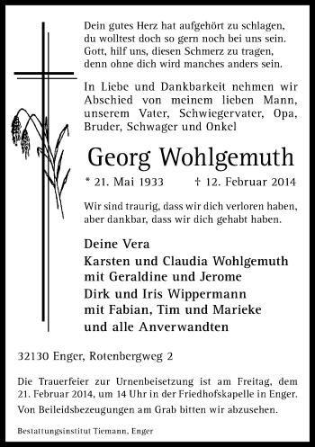 Traueranzeige von Georg Wohlgemuth von Neue Westfälische