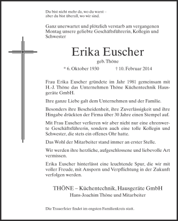 Traueranzeige von Erika Euscher von Neue Westfälische