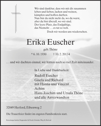Traueranzeige von Erika Euscher von Neue Westfälische