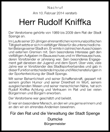 Traueranzeige von Rudolf Kniffka von Neue Westfälische