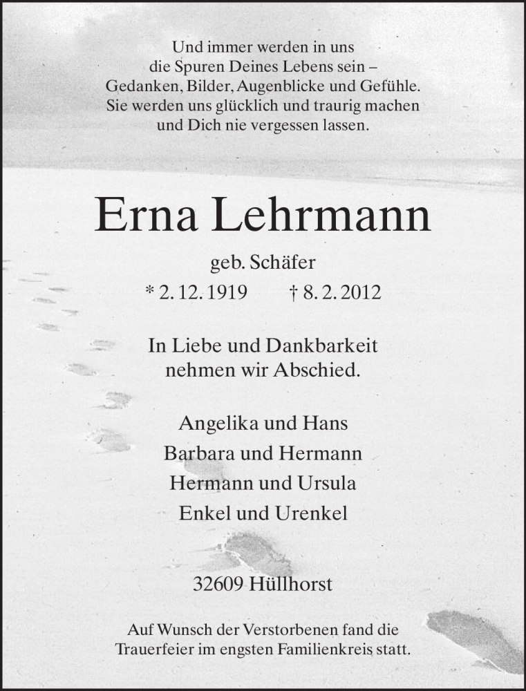  Traueranzeige für Erna Lehrmann vom 16.02.2012 aus Neue Westfälische