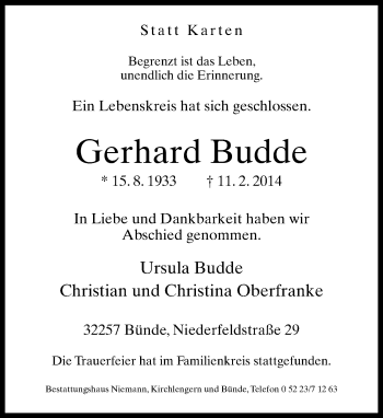 Traueranzeige von Gerhard Budde von Neue Westfälische