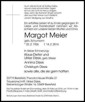 Traueranzeige von Margot Meier von Neue Westfälische