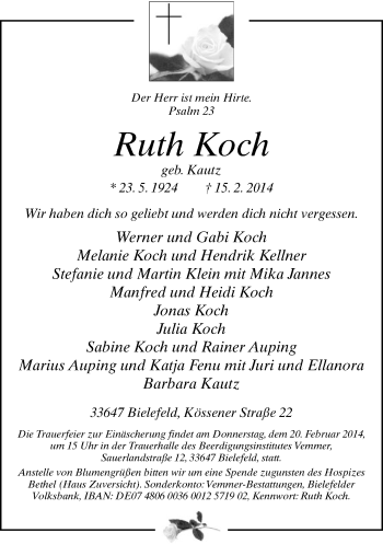 Traueranzeige von Ruth Koch von Neue Westfälische