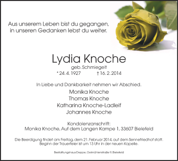 Traueranzeige von Lydia Knoche von Neue Westfälische