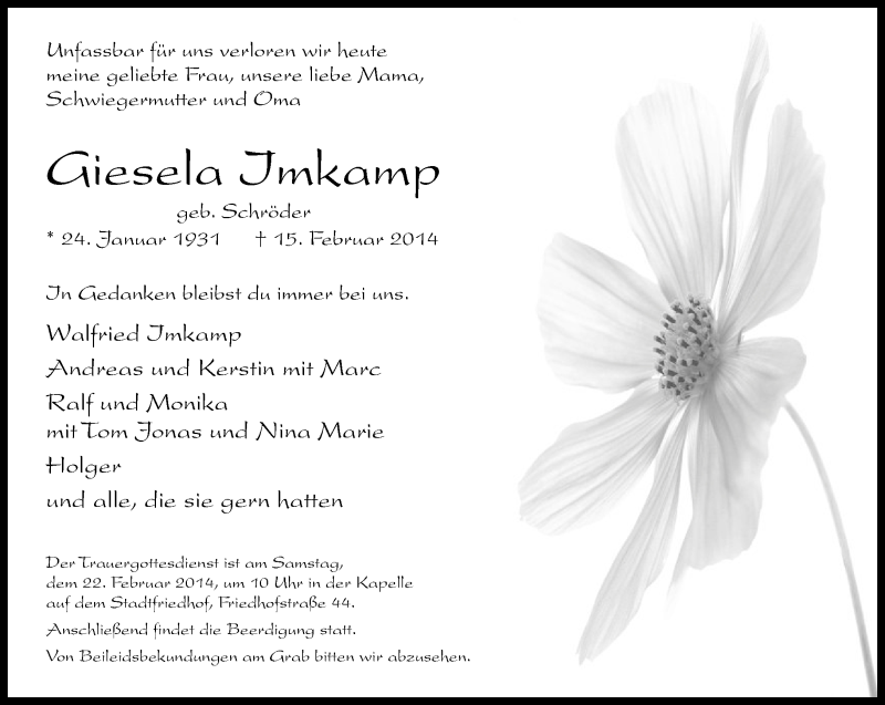  Traueranzeige für Giesela Imkamp vom 18.02.2014 aus Neue Westfälische