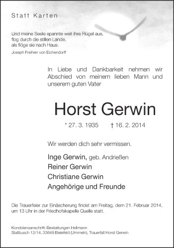 Traueranzeige von Horst Gerwin von Neue Westfälische