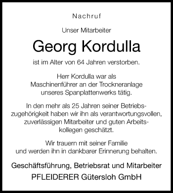 Traueranzeige von Georg Kordulla von Neue Westfälische