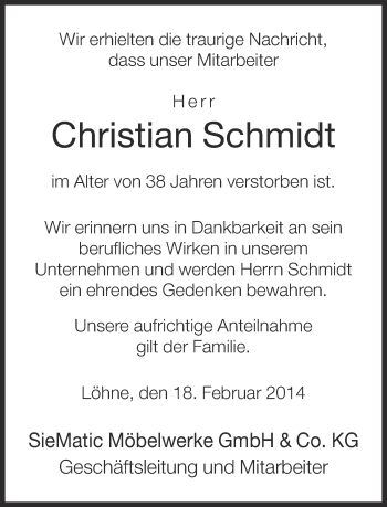 Traueranzeige von Christian Schmidt von Neue Westfälische